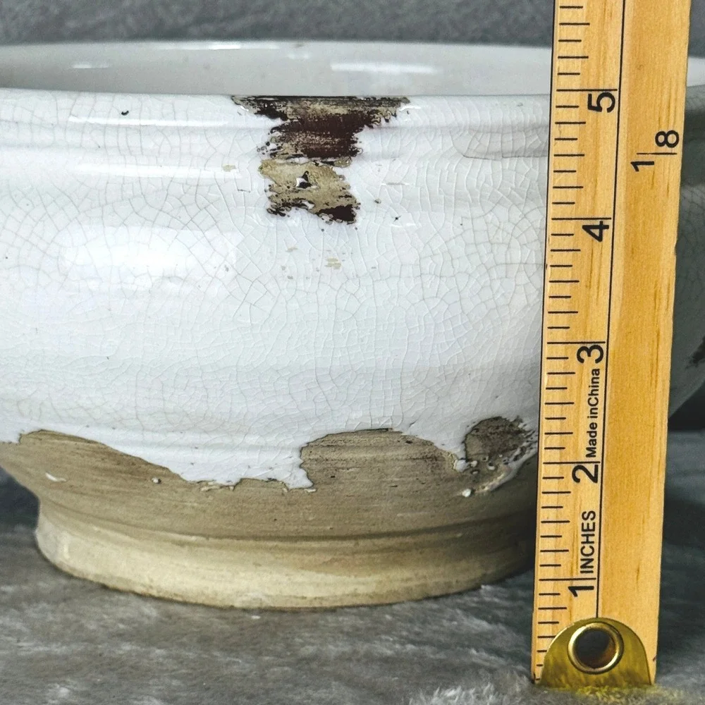 Rustic White Crackle Glaze Stoneware Bowl Planter Farmhouse Cottagecore Decor